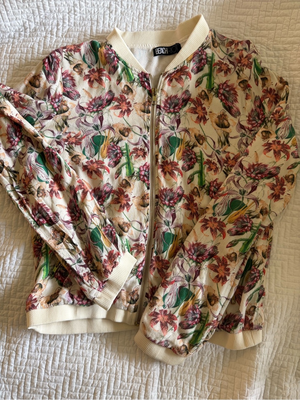 Beach Riot Cream Floral Bomber Jacket with Pink & Green Accents